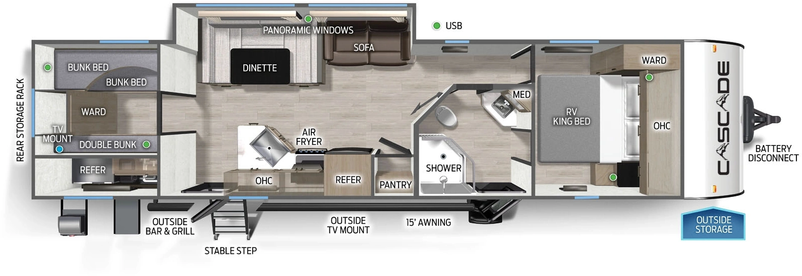 The Cascade 29TEC floorplan has two entries and one slide out. Exterior features include: fiberglass exterior, 15' awning and outside kitchen. Interiors features include: bunk beds, u-dinette and front bedroom.
